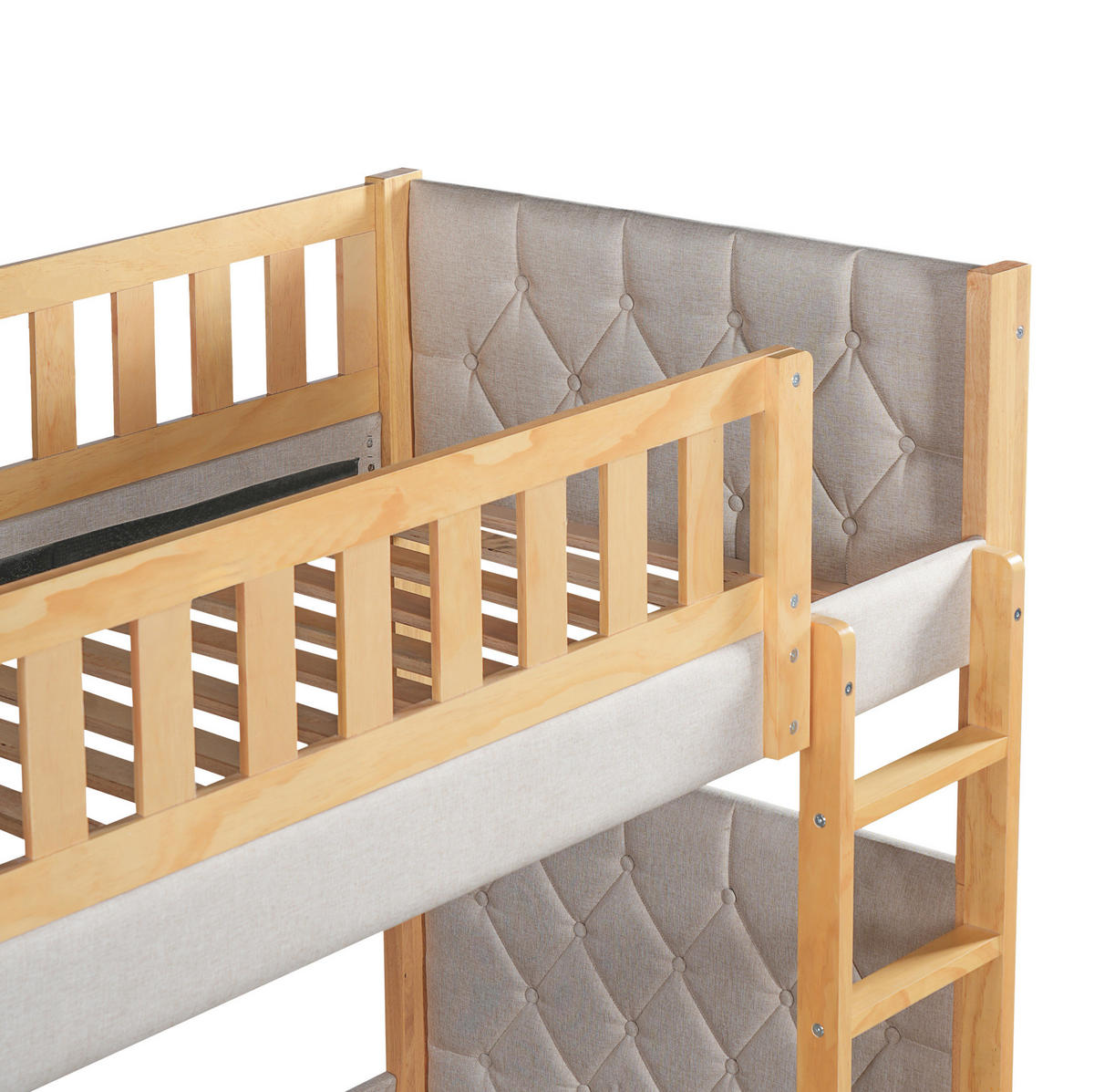 ETAGENBETT aus Kautschukholz und MDF 90x200 cm Grau/Natur mit gerader Treppe, Absturzsicherung und Schwammkante - Grau, Holzwerkstoff (90/200cm) - Modfu