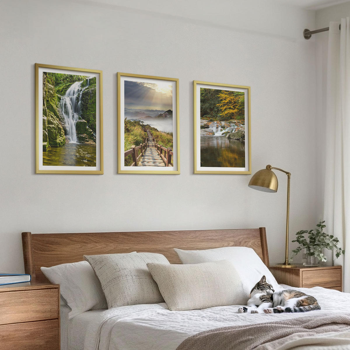 BILDER SET 3er Set - 40x60 cm Goldrahmen - Wasserfälle, Berge, Wolken, Herbst - Goldfarben, Kunststoff (40/60cm) - TULUP