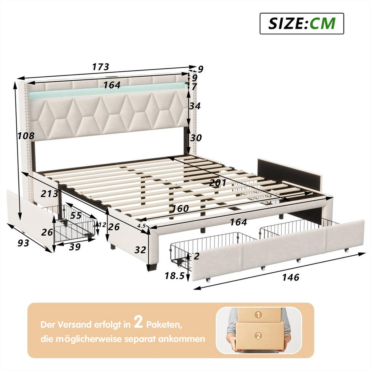 POLSTERBETT 160x200 cm - mit LED-Kopfteil, USB-Ladefunktion und 4 Schubladen - ohne Matratze - Beige - Beige, Textil (160/200cm) - DELFA