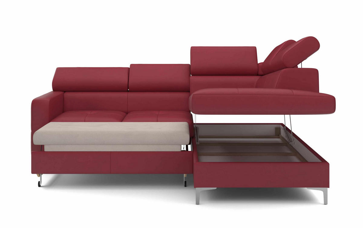 ECKSCHLAFSOFA aus Echtleder mit Schlaffunktion und Bettkasten - Chromfarben/Rot, Leder/Holz (207/242cm) - Cotta