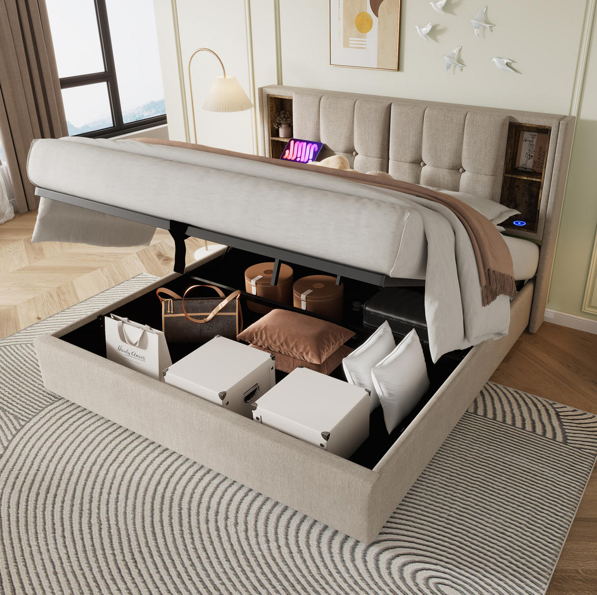 POLSTERBETT 160/200 cm mit Bettkasten, USB-C & kabellosem Laden, gepolstertes Kopfteil - Naturfarben, Textil (160/200cm) - BEAOK