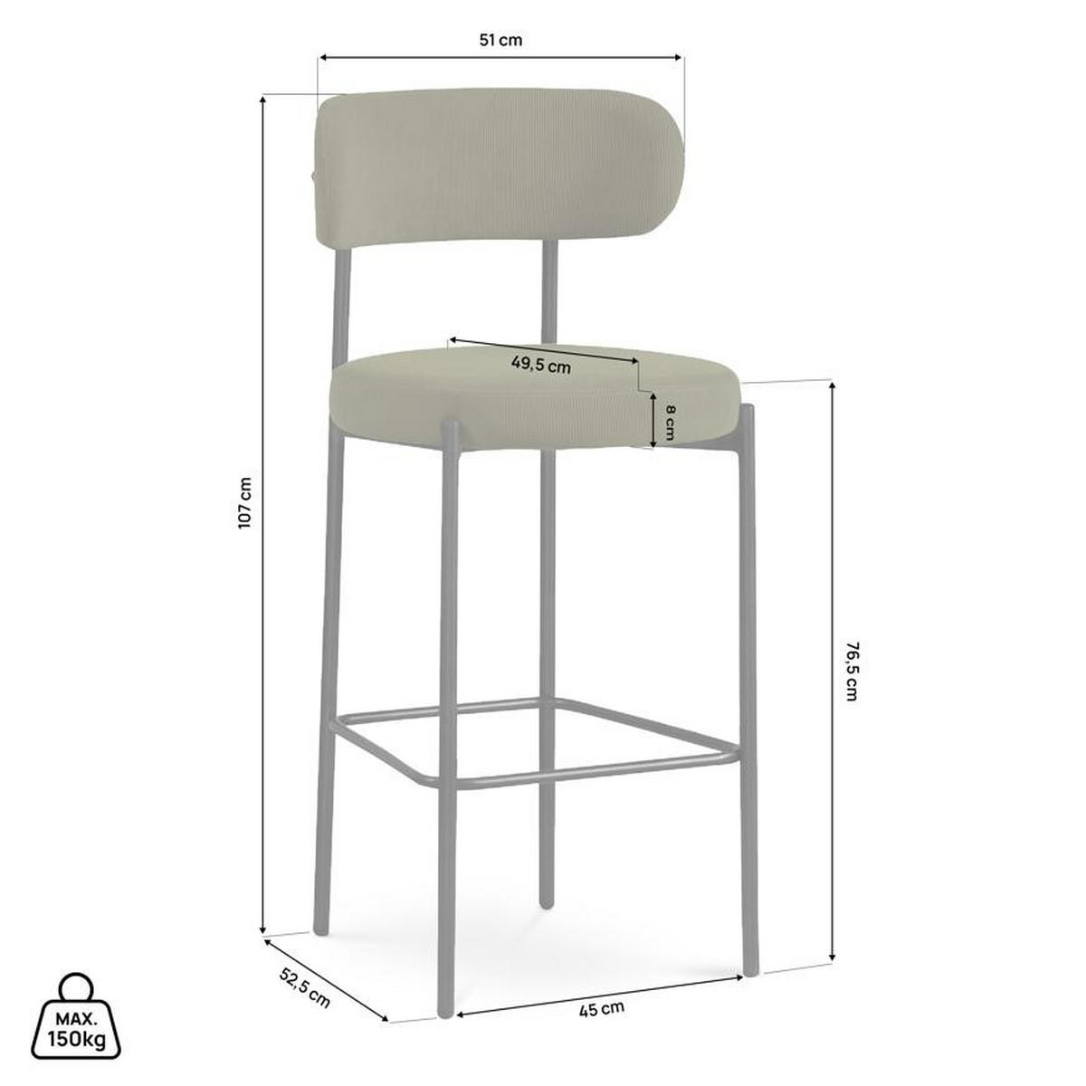 BARHOCKER 2er-Set Iris modernen aus khakifarbenem Cord, 75 cm - Schwarz/Grün, Textil/Metall (51/107/52.5cm) - Sicaan