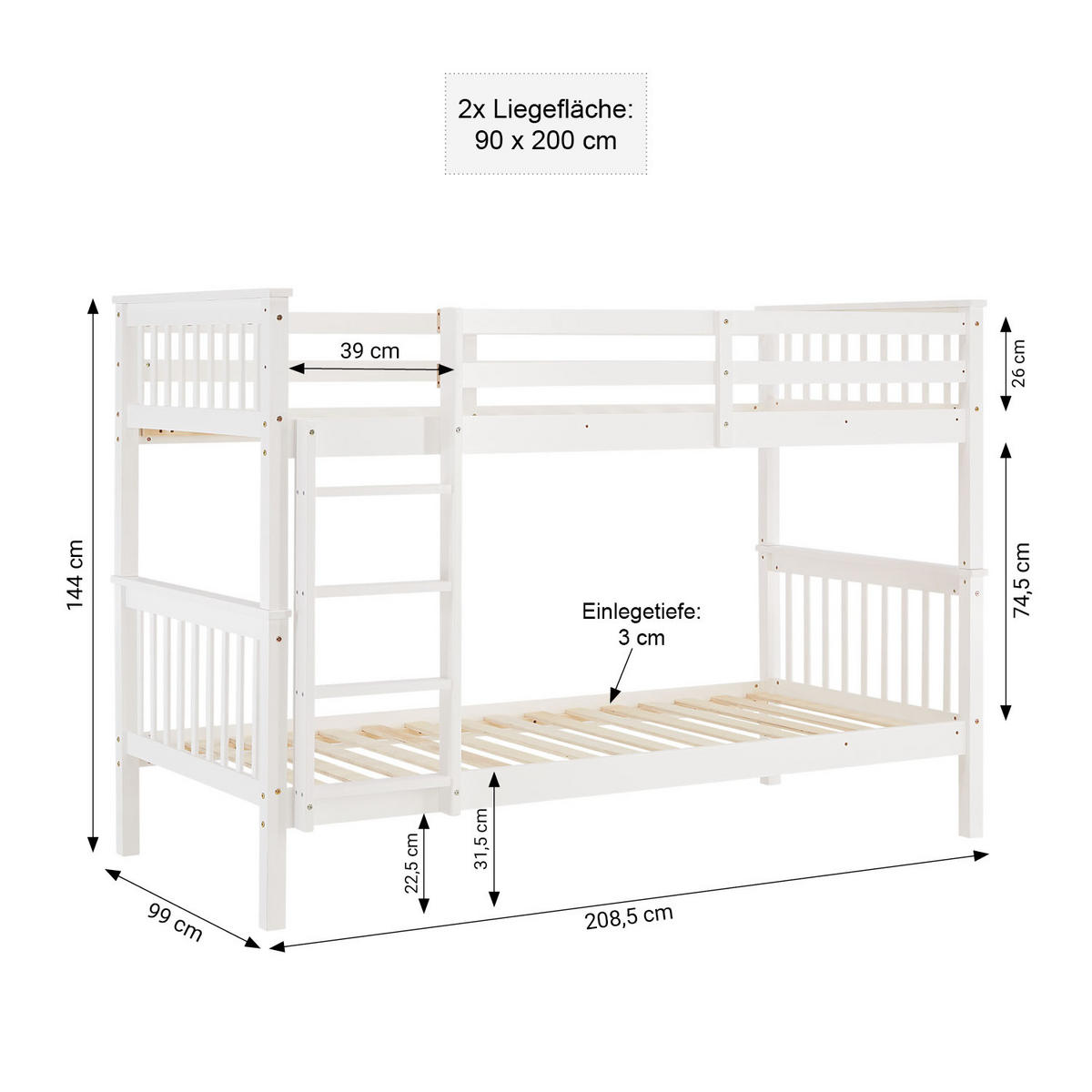 ETAGENBETT mit Lattenrost 90/200 cm Weiß - Weiß, Holz (90/200cm) - Homestyle4u