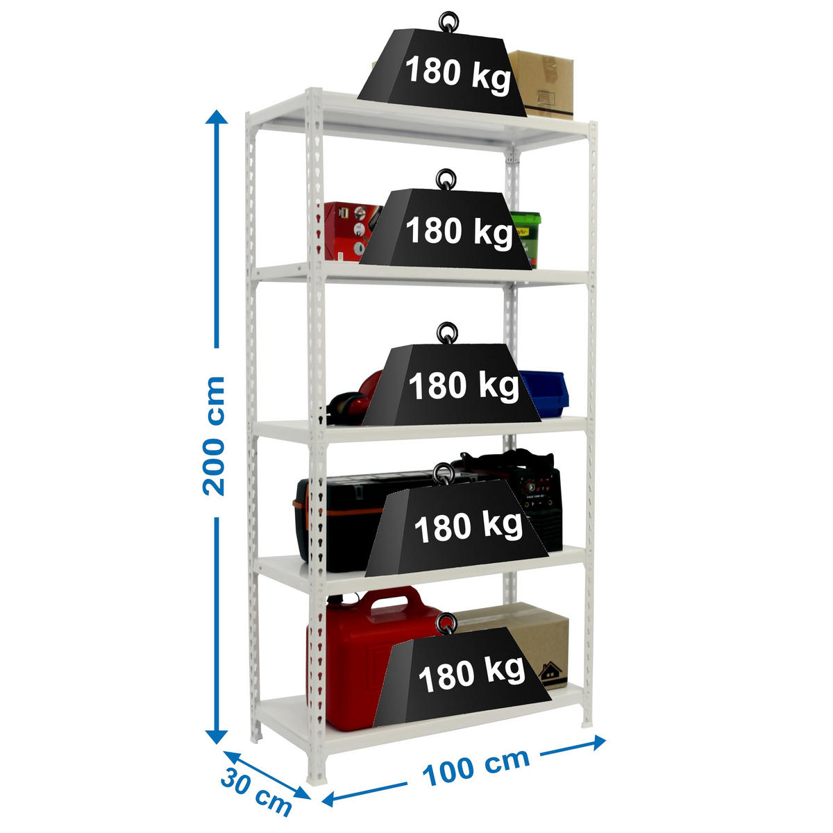 SCHWERLASTREGAL Big Metal Shark HxBxT 200 x 100 x 30 cm Fachlast 180 kg Weiß - Weiß, Metall (100/200/30cm) - PROREGAL