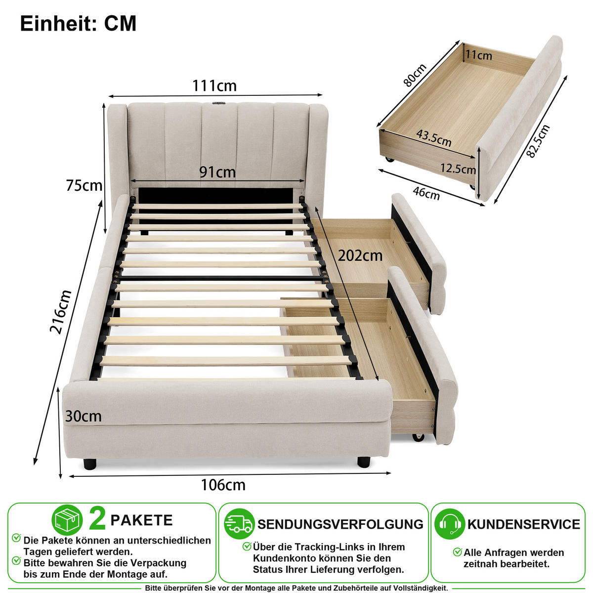 ČALOUNĚNÁ POSTEL 90/200 cm v béžové barvě se zásuvkami, USB-C a chenilkou - béžová, kov/kompozitní dřevo (90/200cm) - CHICFURN