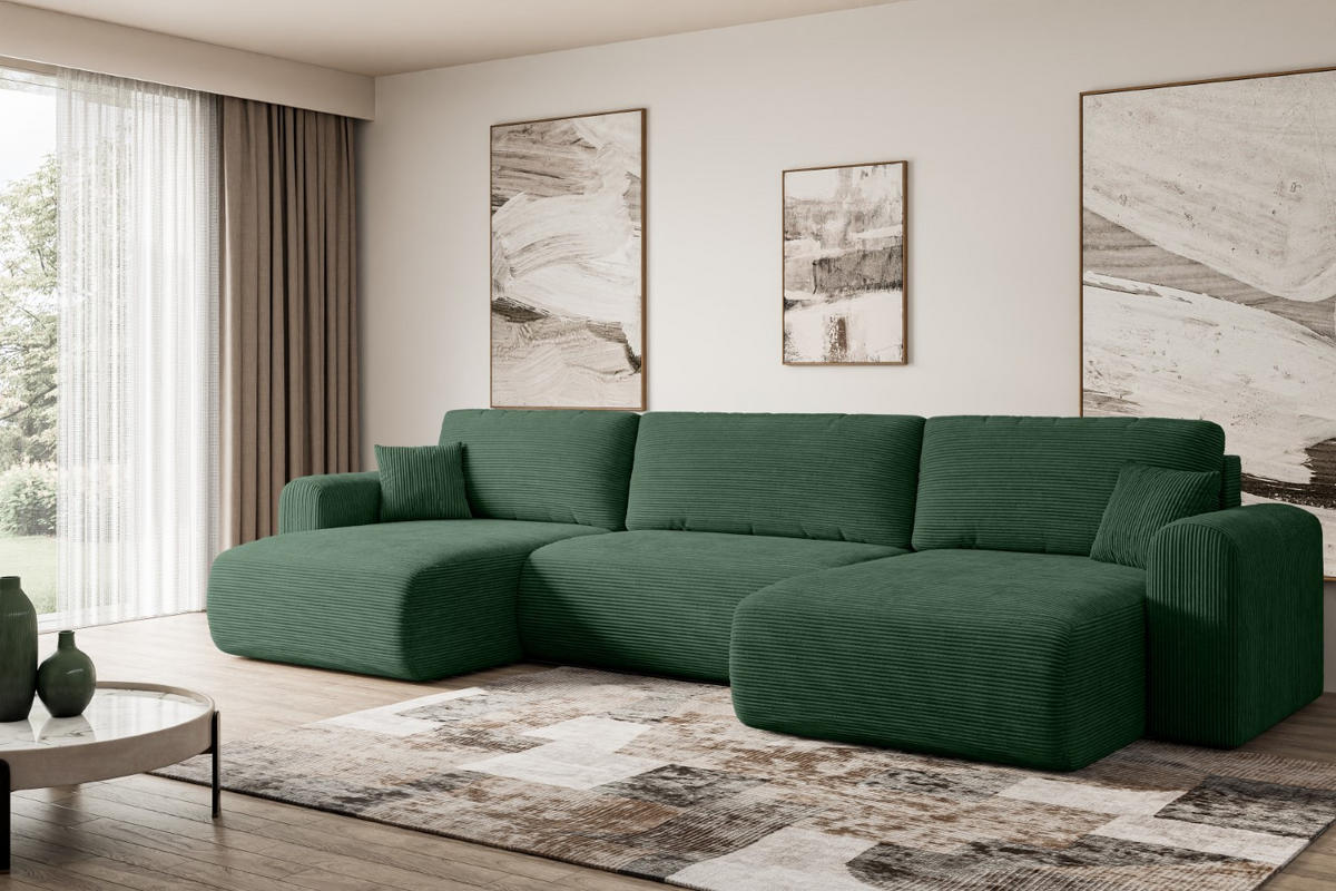 WOHNLANDSCHAFT mit Schlaffunktion und Bettkasten ORRO-U - 362x145x83 cm Grün Cord - Schwarz/Grün, Holzwerkstoff/Kunststoff (362/83/145cm) - ALTDECOR