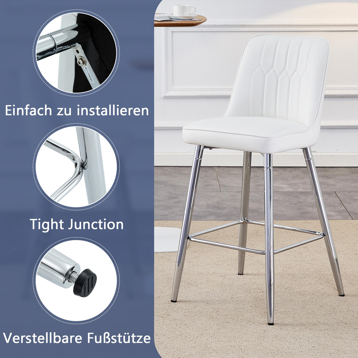 BARHOCKER 2er-Set Weiß mit PU-Leder und Fußraste - Weiß, Metall (42/100/45cm) - PANGIVO