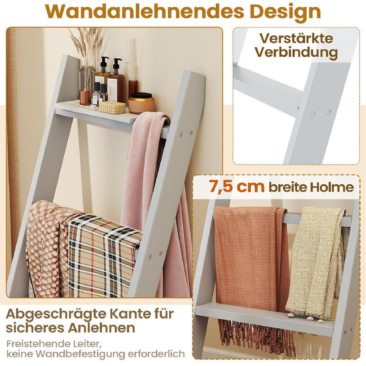 HANDTUCHLEITER mit oberer Halterung grau - Grau, Holz (50/137/7.5cm) - COSTWAY