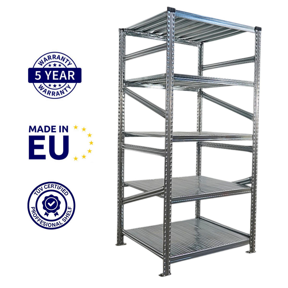 FACHBODENREGAL Proximo Stecksystem 200x450x80cm 5 Ebenen Fachlast 200 kg Beidseitig nutzbar Verzinkt - Silberfarben, Metall (450/200/80cm) - PROREGAL