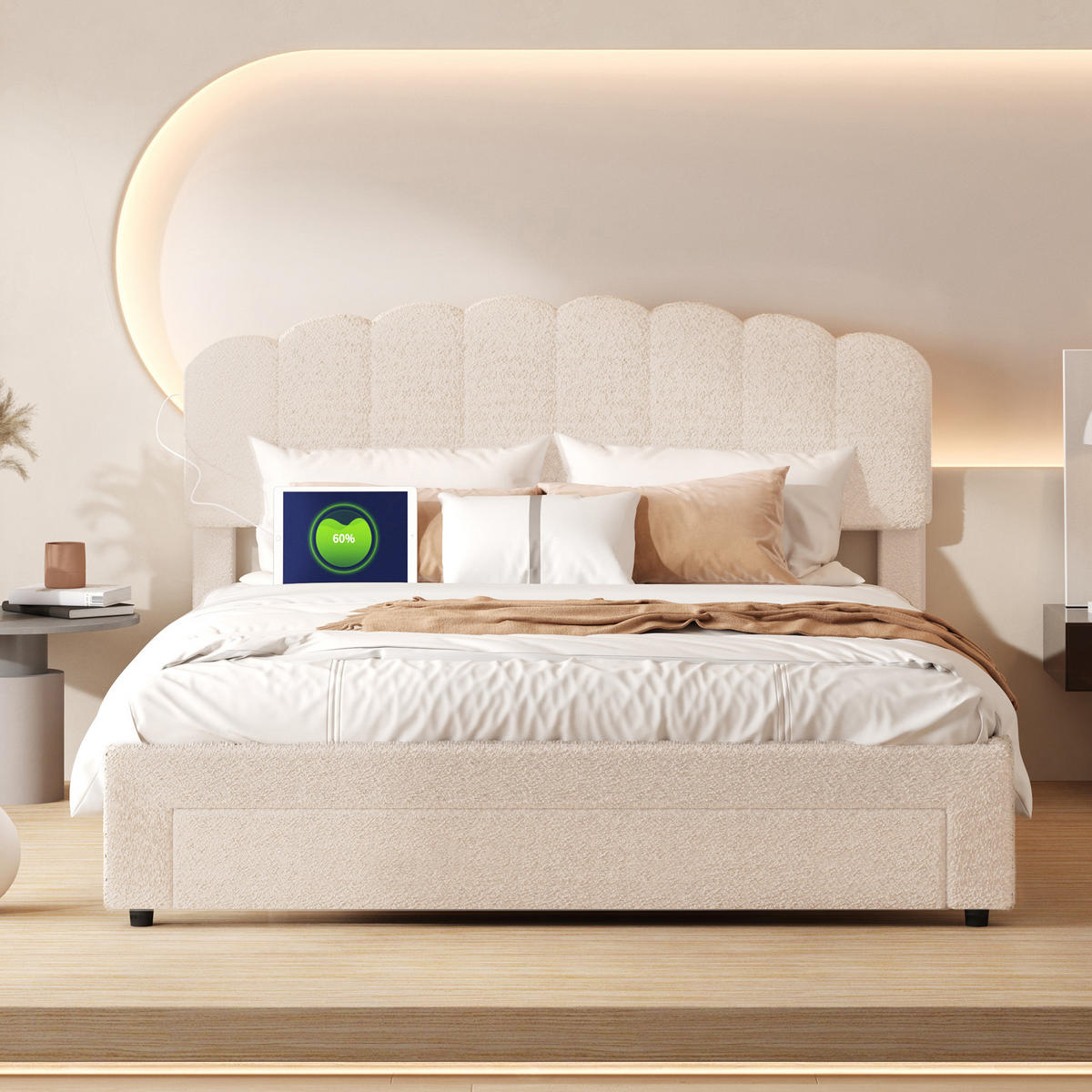 POLSTERBETT 160x200 cm Doppelbett, 1 Stauraumschublade am Fußende, USB & Typ-C-Anschlüsse, Teddy-Stoff in Beige - Beige, Holz (160/200cm) - BRILVERDE