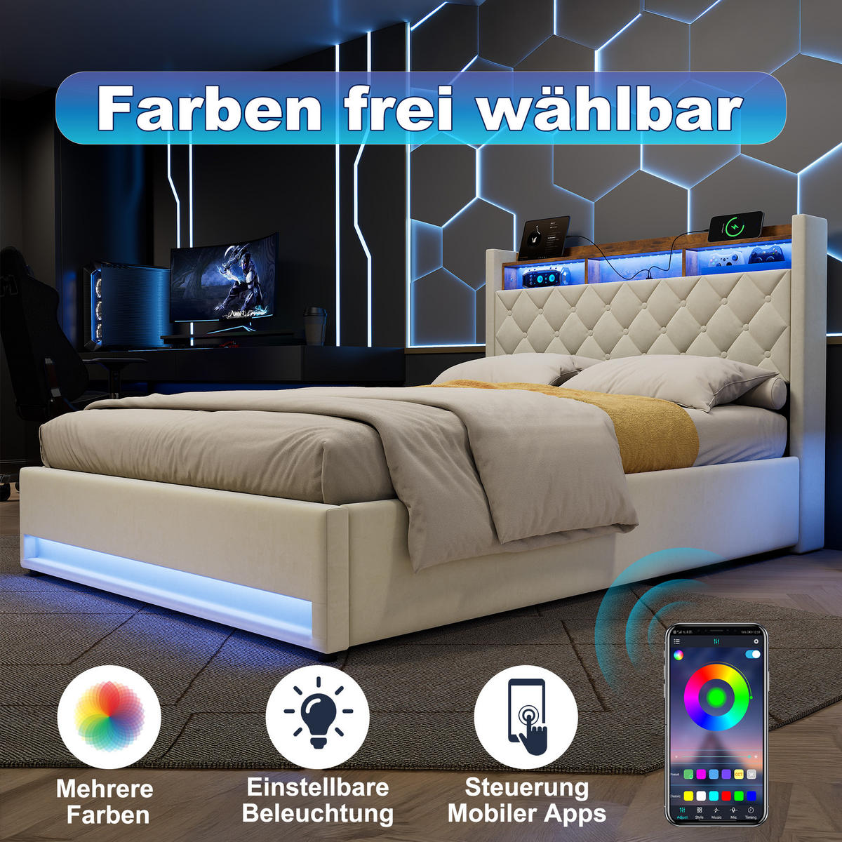 POLSTERBETT 140/200 cm in Beige Samt mit Bettkasten, LED-Beleuchtung und USB-Anschluss - Beige, Holzwerkstoff/Textil (140/200cm) - CHICFURN
