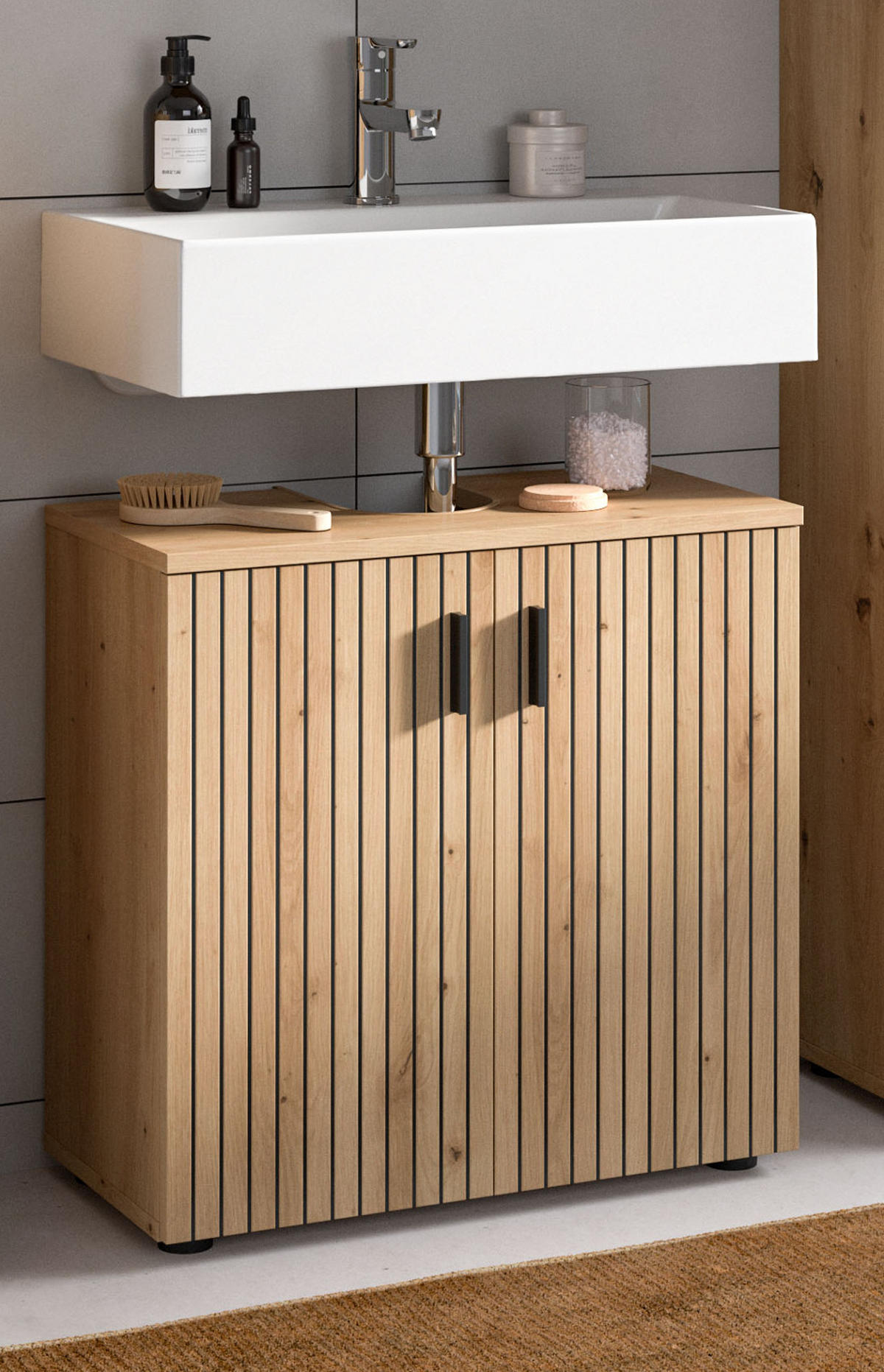 WASCHBECKENUNTERSCHRANK Eiche Artisan 80 cm, Badezimmer Unterschrank mit Rillen-Optik - Schwarz/Eiche Artisan, Holzwerkstoff/Kunststoff (60/59/30cm) - Inn.Furn