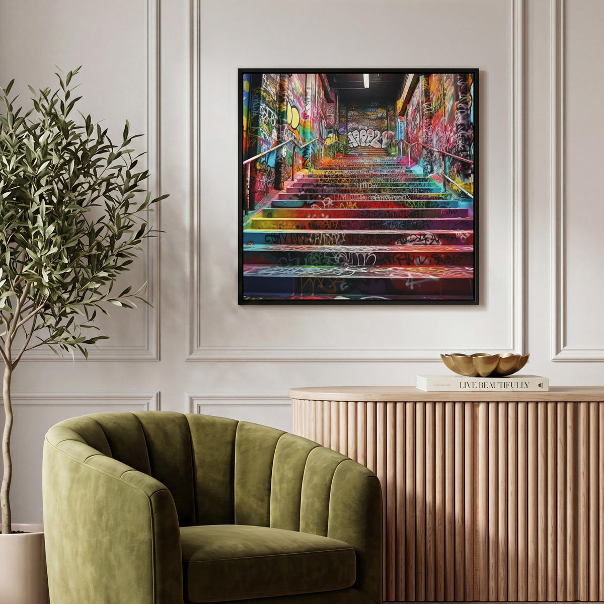 LEINWAND Bilder mit Rahmen - Treppe - Graffiti - Farben - Kunst - 50x50 - Multicolor, Textil (50/50cm) - MuchoWow
