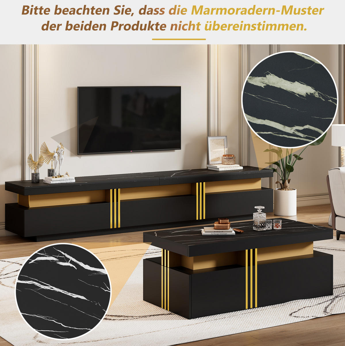 TV-ELEMENT aus Spanplatte 200x40x42 cm Schwarz mit Couchtisch, Schubladen und Marmor-Optik - Schwarz, Holzwerkstoff (100/40/50cm) - Modfu