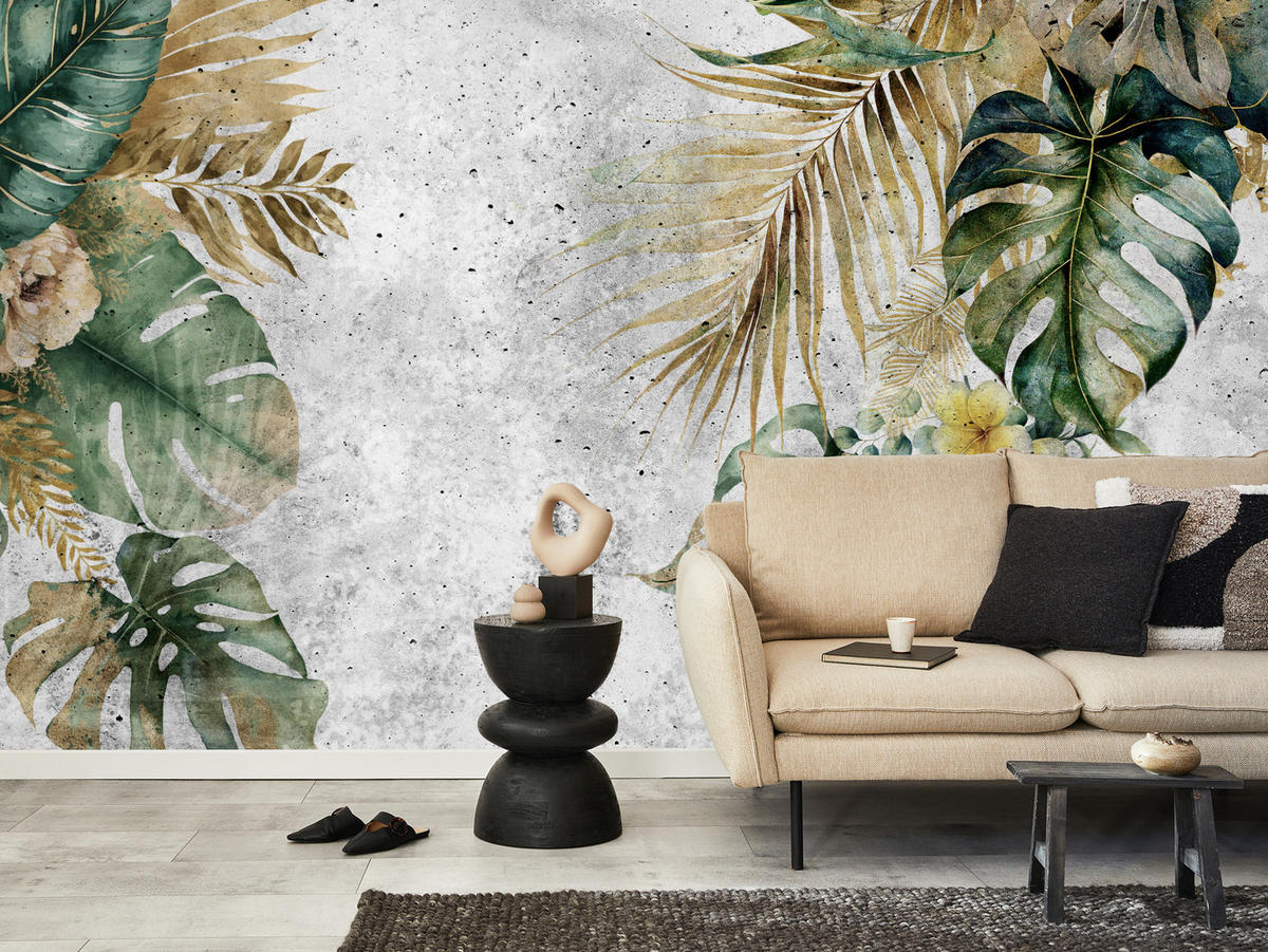 FOTOTAPETE für Wohnzimmer Tropische Blätter Blumen auf Grauer Beton 150x105 - Braun/Grau, Papier (150/105cm) - Muralo