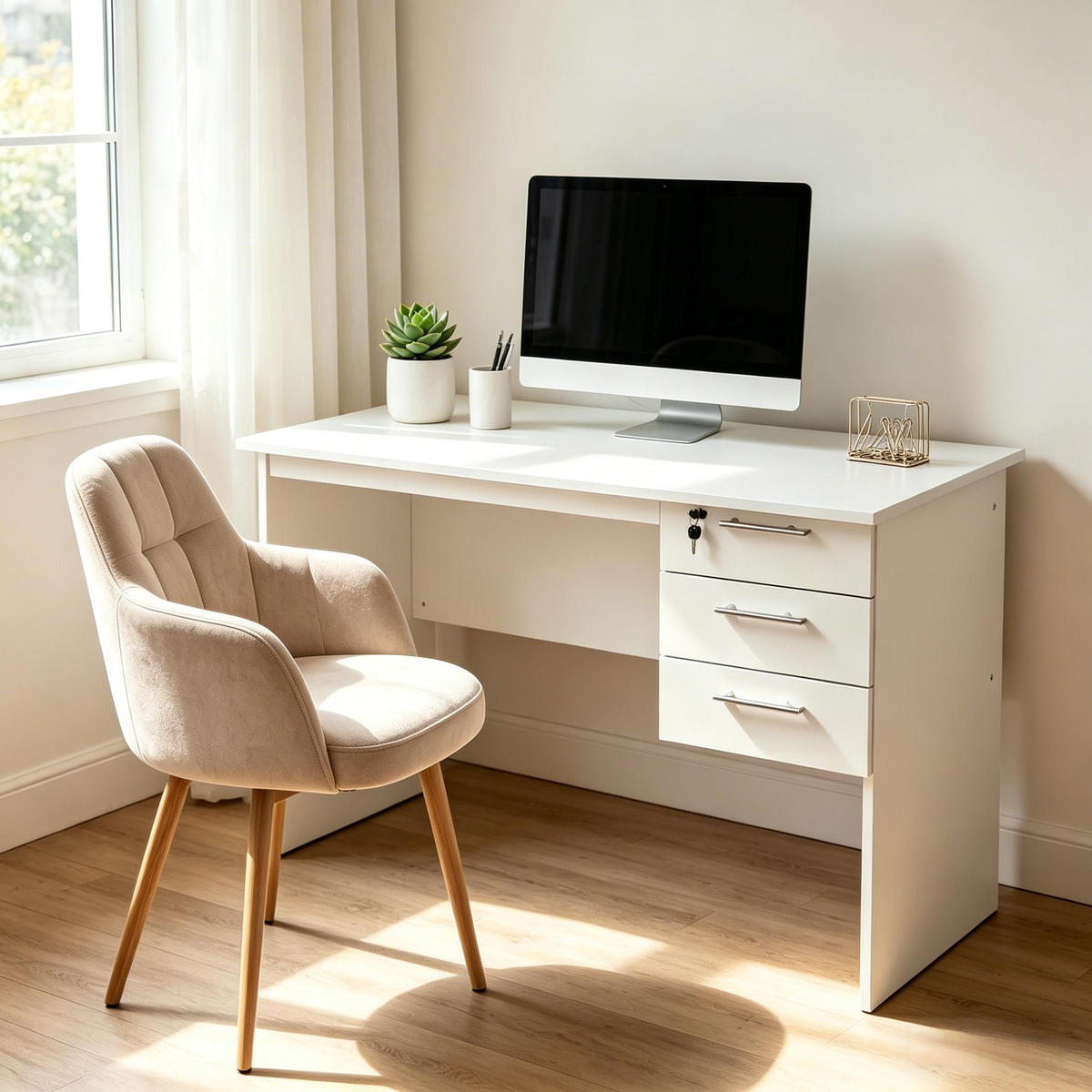 COMPUTERTISCH Weiß 120/60/75 cm mit 3 Schubladen - Weiß, Holz (60/120/75cm) - PANGIVO