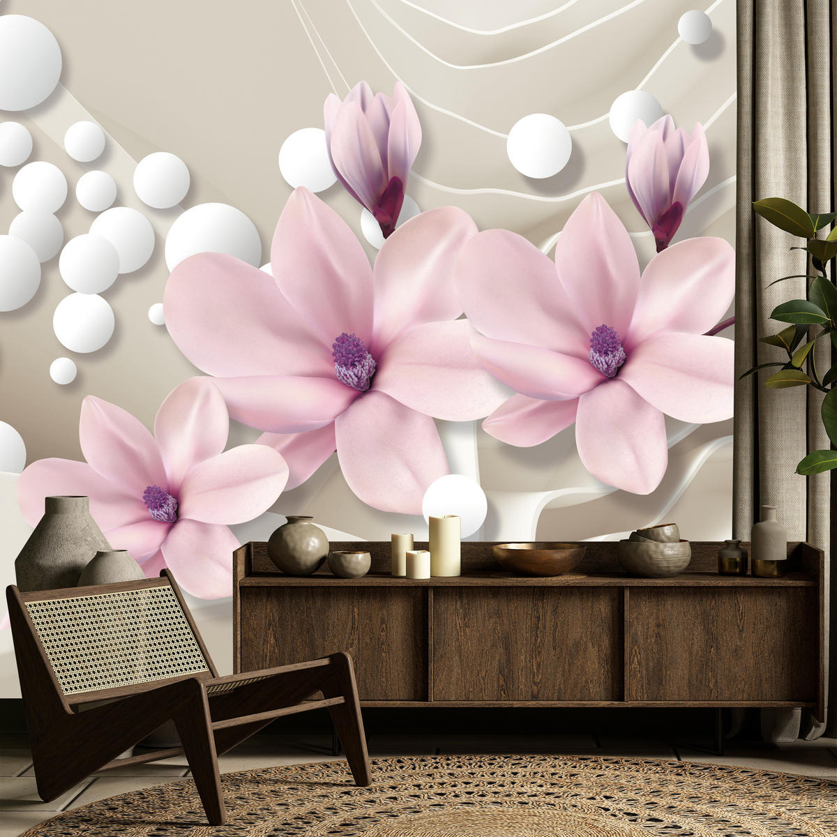 FOTOTAPETA Pre Obývaciu Izbu KVETY Magnólie RUŽOVÁ Vlnité Priestorové Pozadie 450 x 315 cm - biela/ružová, papier (450/315cm) - Muralo