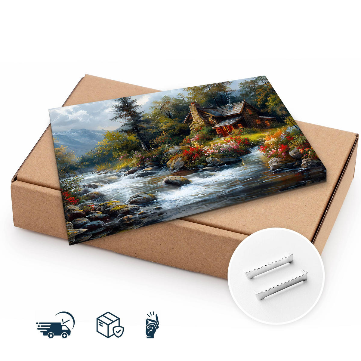 LEINWANDBILD Berghütte Pflanzen Natur Landschaft 90cm x 60cm - Blau/Beige, Textil (90/60cm) - Muralo