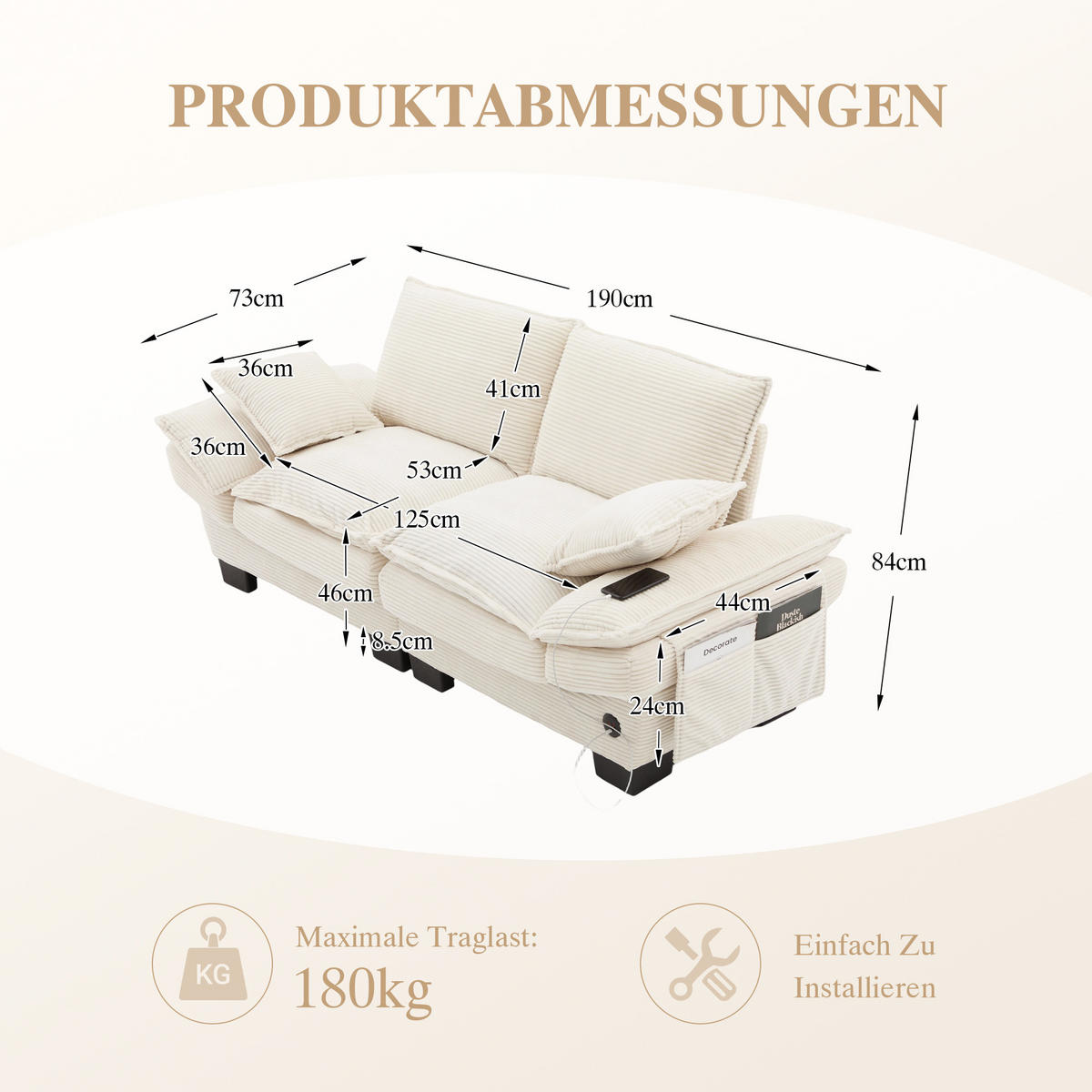 2-SITZER Sofa aus Corduroy 190x73x84 cm mit USB-C & Seitentaschen, beige - Beige, Textil (73/84/190cm)
