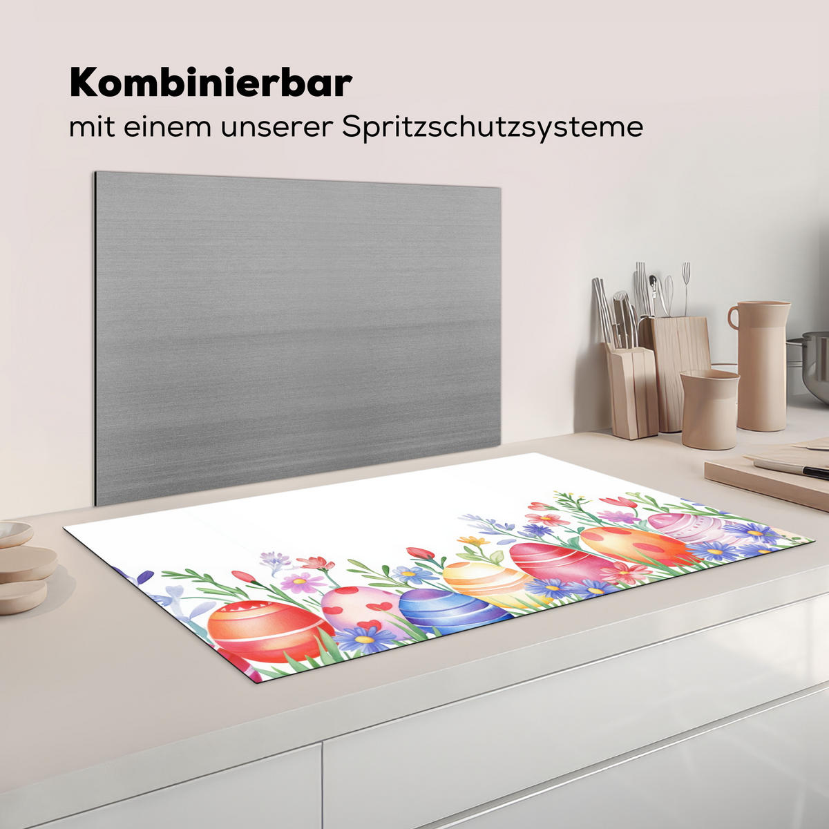 HERDABDECKPLATTE Blumengarten - Bunt - Eier Ceranfeldabdeckung 90x52 cm - Weiß, Kunststoff (90/52/0.2cm) - MuchoWow