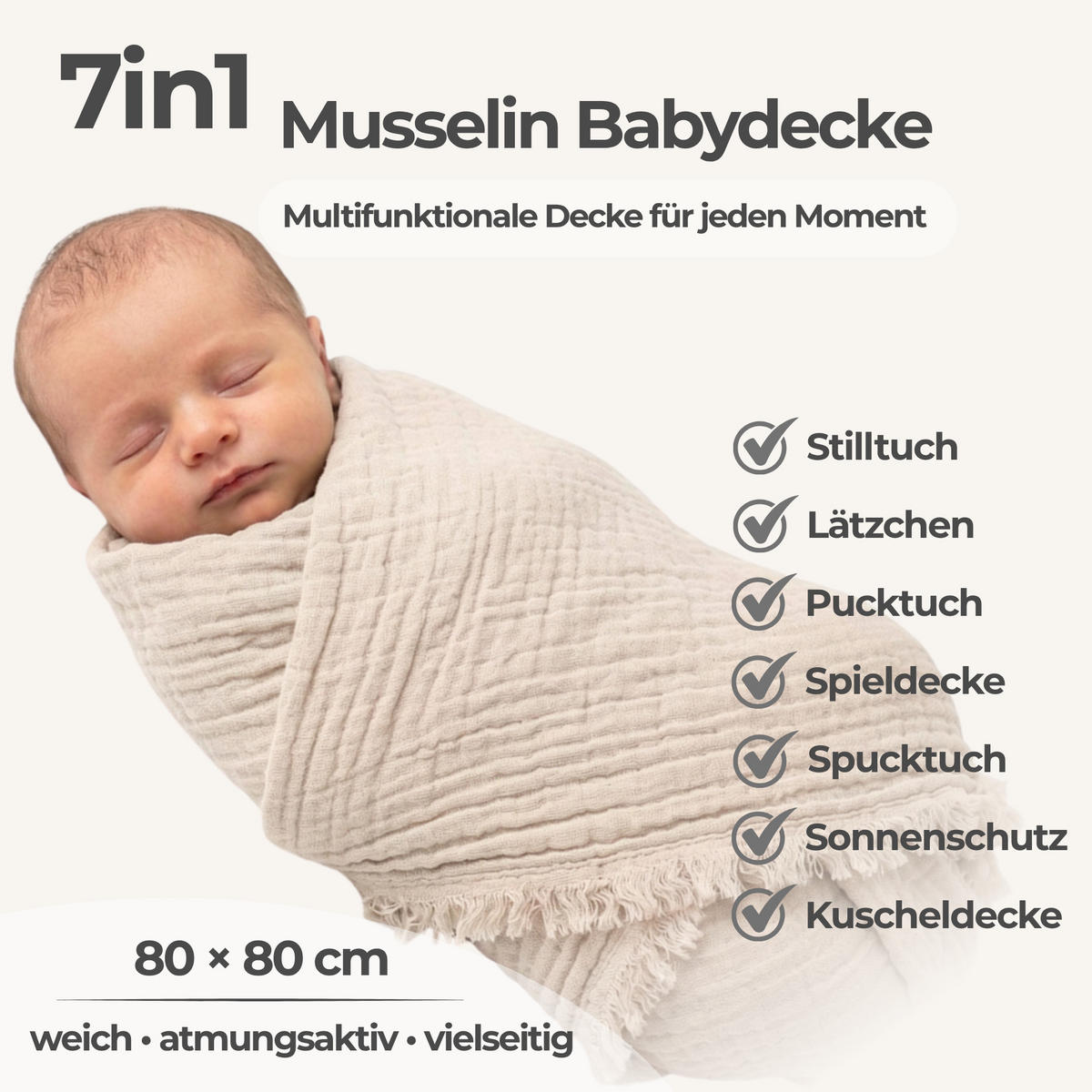 MUSSELINDECKE Babydecke Einschlagdecke Baumwolle atmungsaktiv - Beige, Textil (80/80cm) - nordic coast company