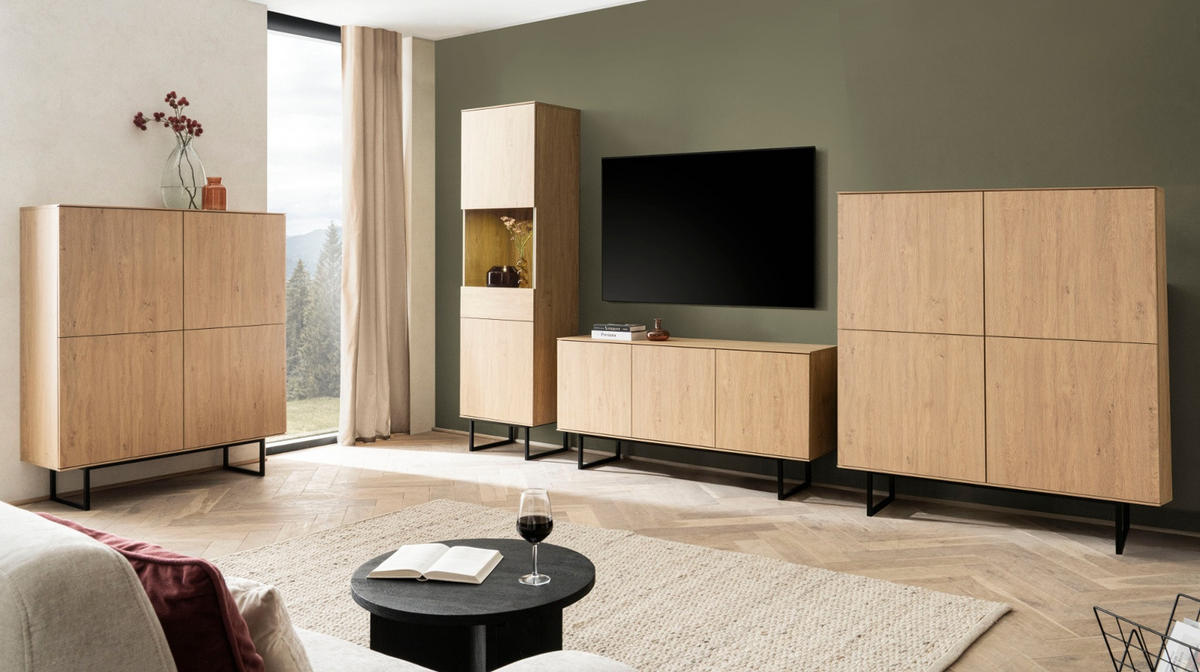 TV-LOWBOARD Stone Eiche 150 x 70 cm, Fernsehtisch mit Push-to-Open und Komforthöhe - Eichefarben/Schwarz, Holzwerkstoff/Metall (150/70/40cm) - Furn.Design