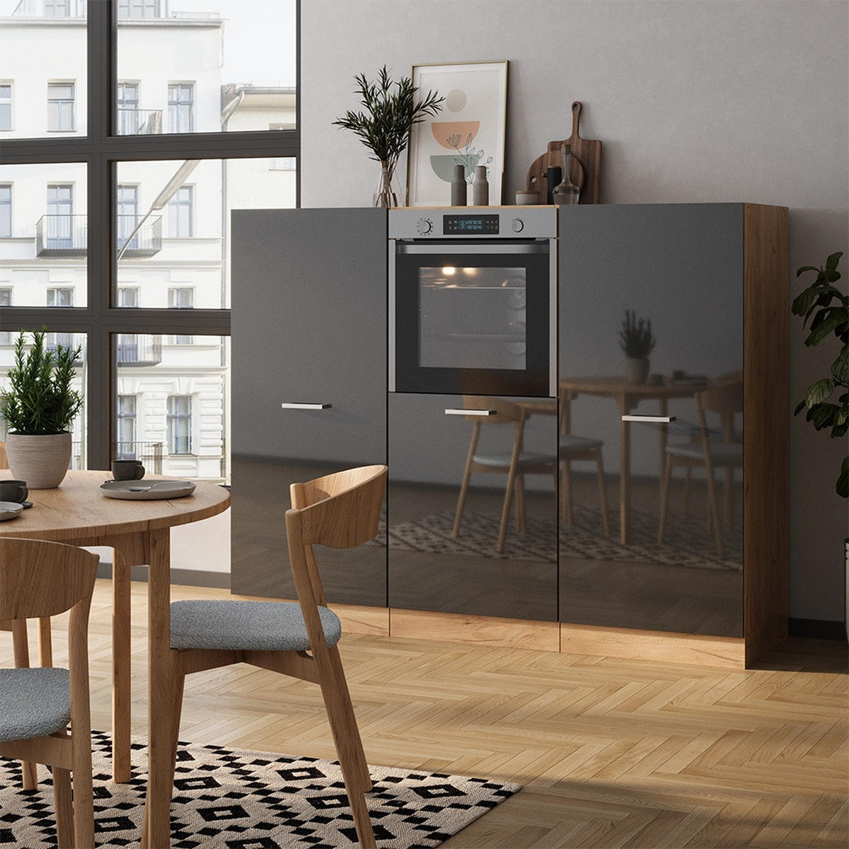 KÜCHENBLOCK R-Line Anthrazit Hochglanz/Goldkraft Eiche 180 cm ohne Arbeitsplatte - Honigeiche/Schwarz Hochglanz, Holzwerkstoff (180/143/46cm) - Vicco