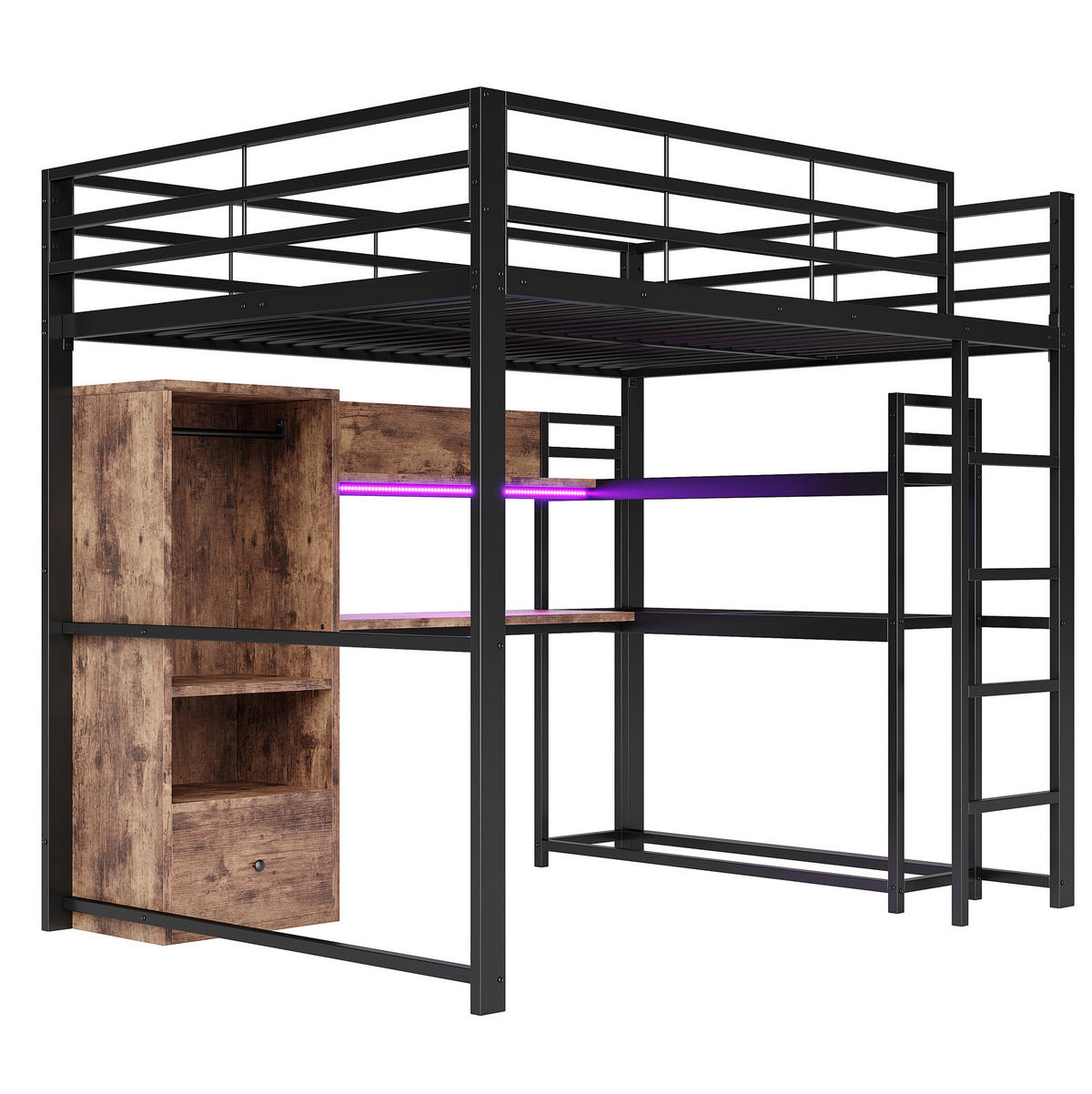 HOCHBETT 140/200 cm aus Metall und MDF mit LED-Beleuchtung und Schreibtisch - Schwarz, Holzwerkstoff (140/200cm) - Flora Grace