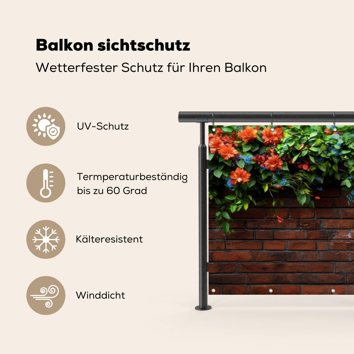 BALKON-SICHTSCHUTZ Blumen - Wand - Grün - Orange - Rotbraun, Kunststoff (300/90cm) - MuchoWow