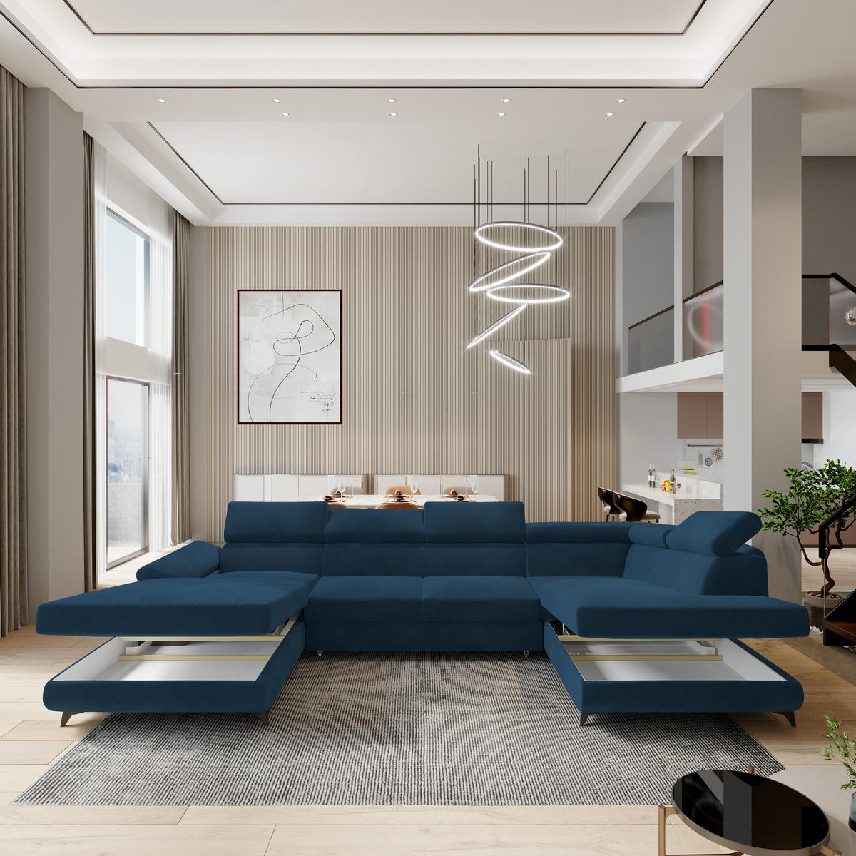 WOHNLANDSCHAFT RUBANO R-S Blau Velours-Stoff mit Schlaffunktion - Blau, Holz (339/89/190cm) - MASSENO