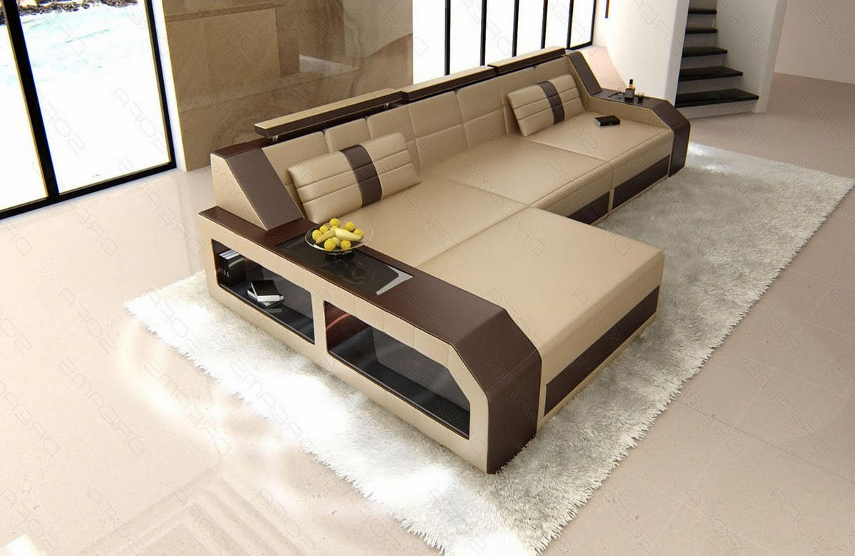 COUCH Arezzo L Sandbeige Dunkelbraun Ledermix - Sandfarben, Textil (308/194cm)