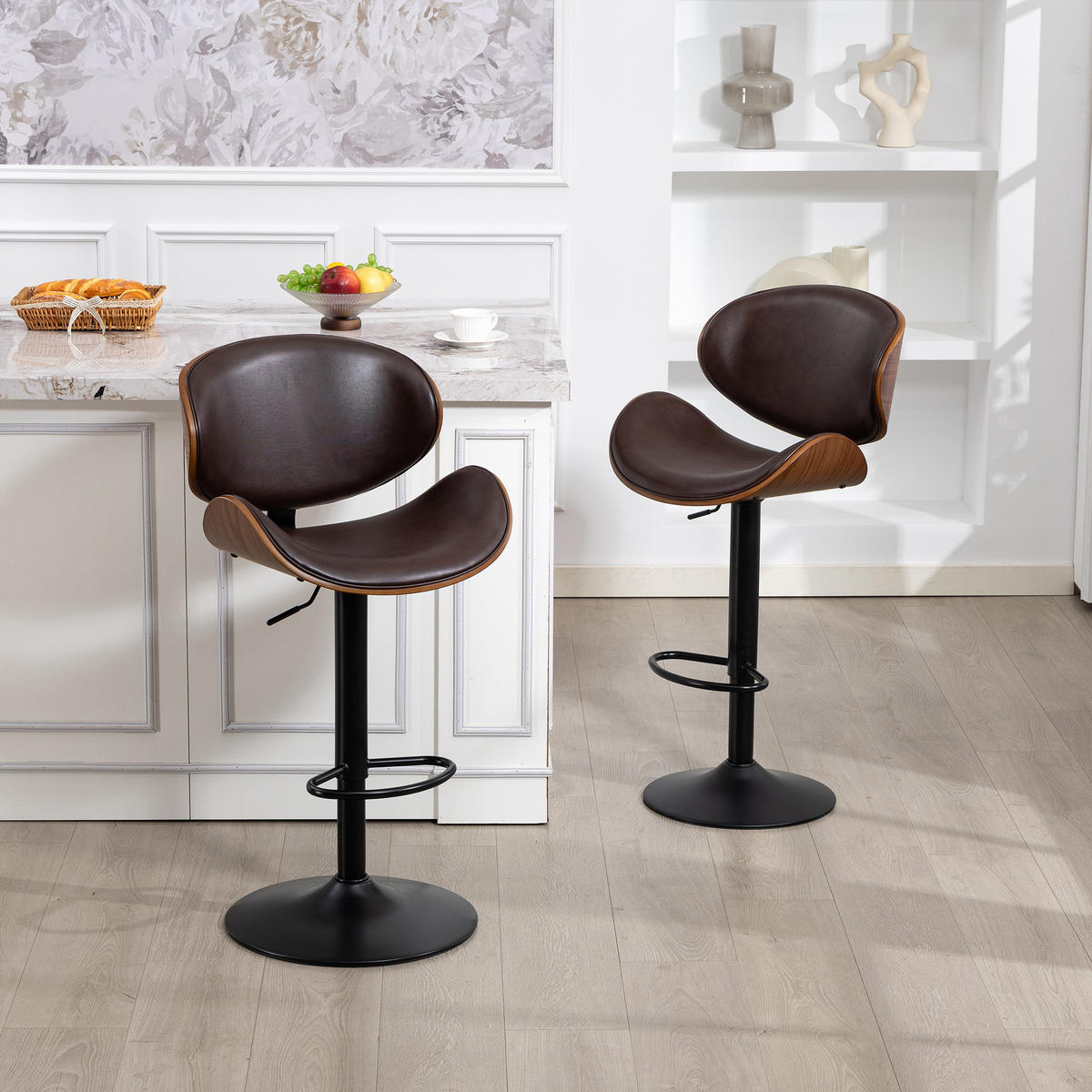 BARHOCKER 2er-Set drehbar, höhenverstellbar mit PU-Sitz, Braun - Braun, Kunststoff (51/93/50cm)