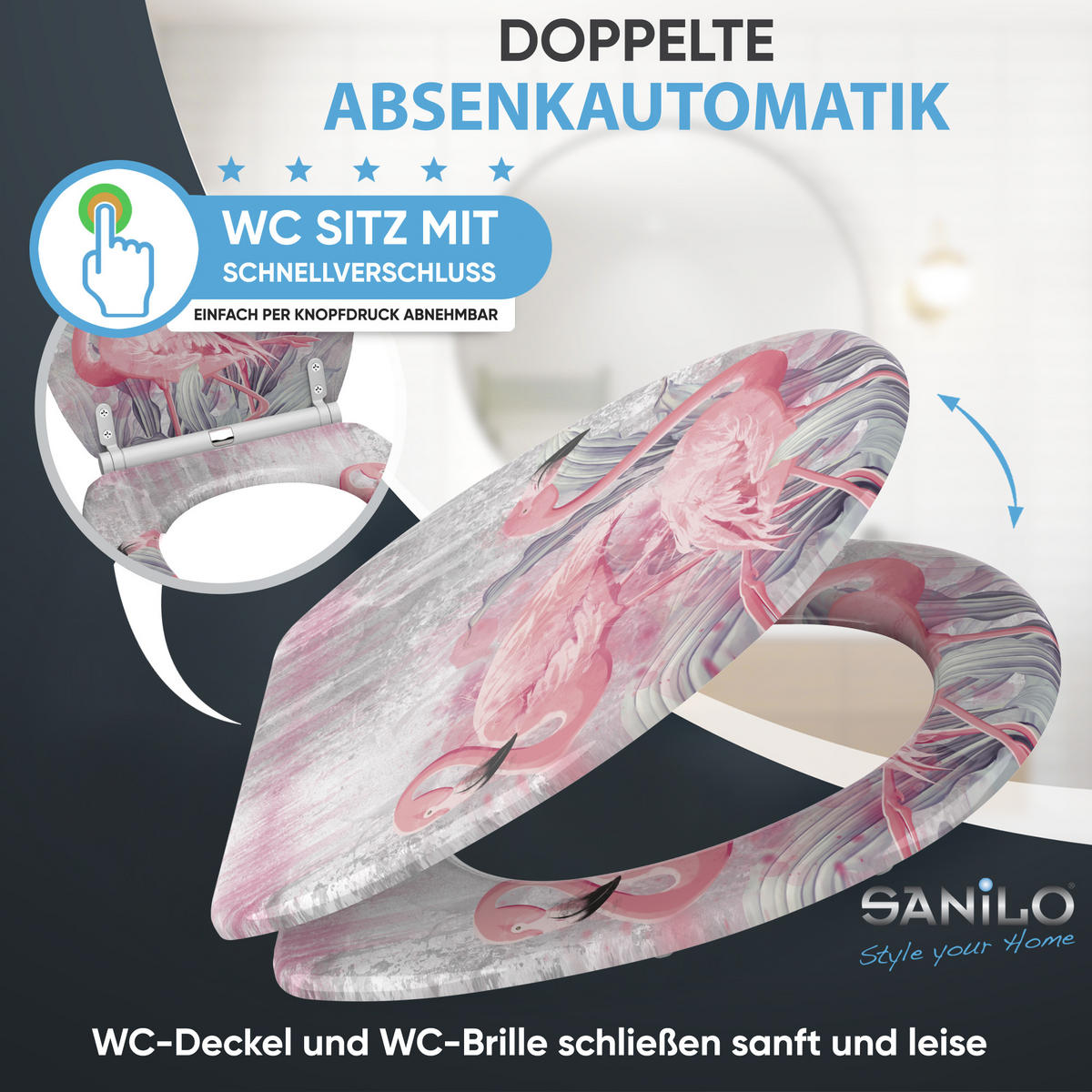 WC-SITZ mit Absenkautomatik & Top Fix Flamingo 2 - Pink, Holzwerkstoff (37.7/5.5/48cm) - Sanilo