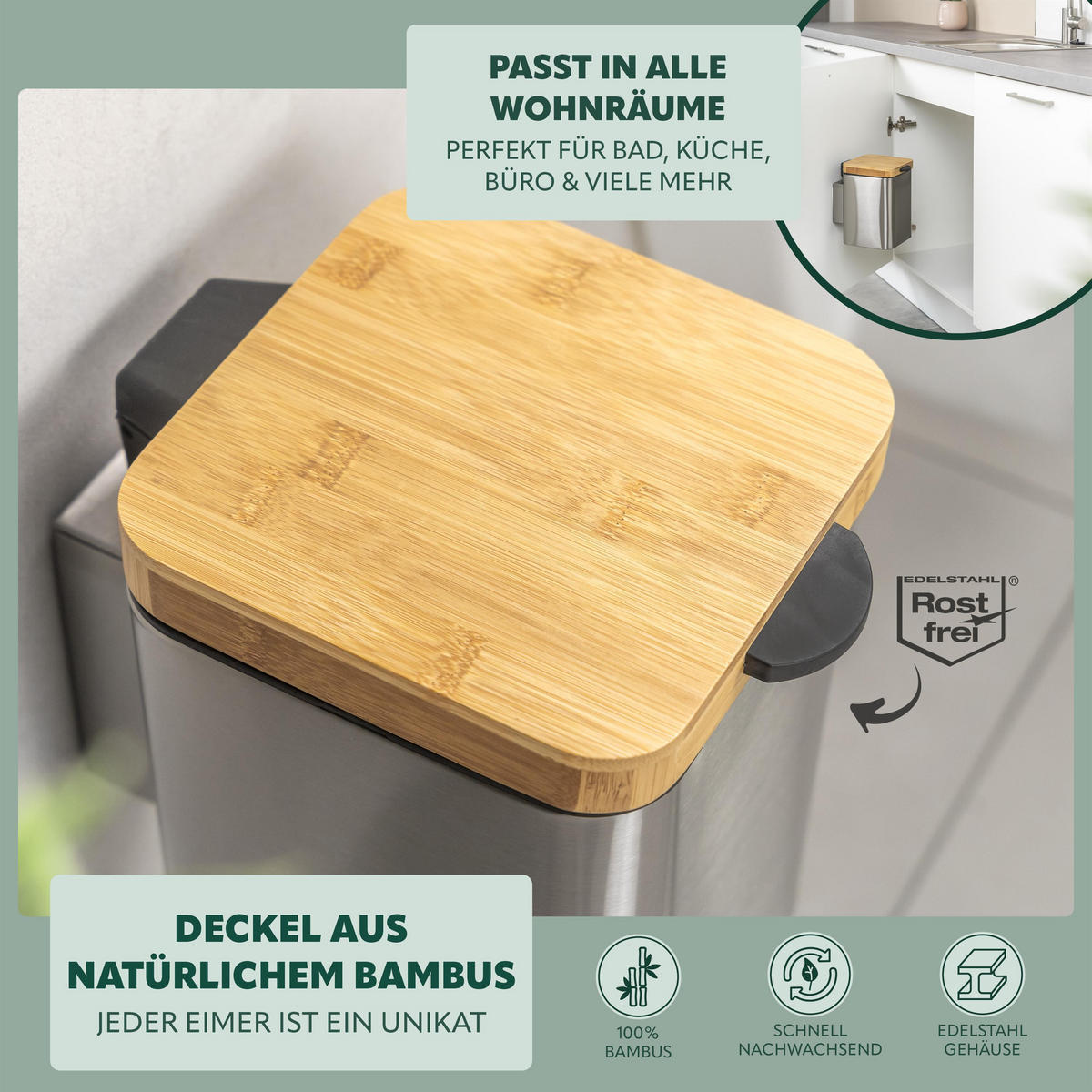 WAND-KOSMETIKEIMER 3 L, eckig, Edelstahl - Edelstahlfarben, Metall (16/24/23cm) - bremermann