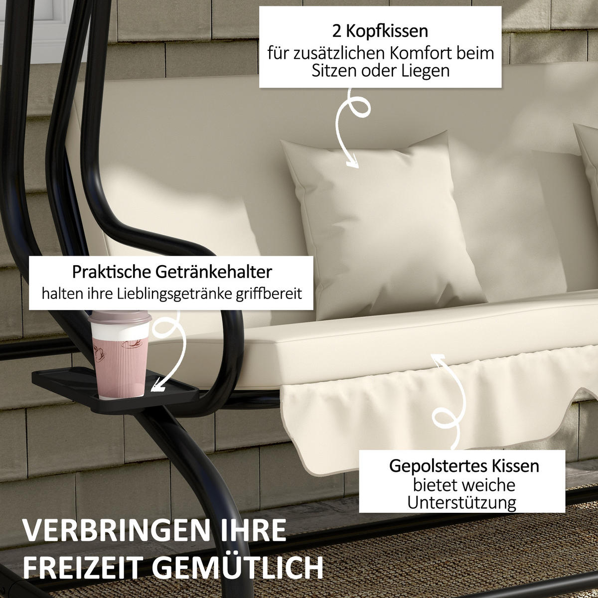 HOLLYWOODSCHAUKEL 3-Sitzer mit Verstellbar Dach Kissen Cremeweiß - Creme, Metall (120/164/200cm) - Outsunny