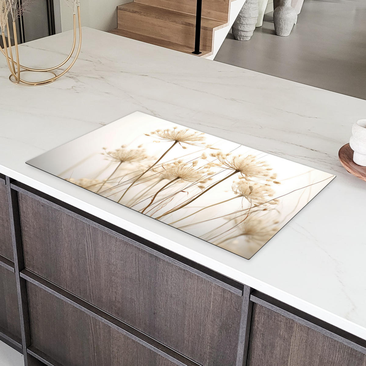 HERDABDECKPLATTE Blumen - Weiß - Sonnenlicht Induktionsschutz 91.6x52.7 cm - Ecru, Kunststoff (91.6/52.7/0.2cm) - MuchoWow