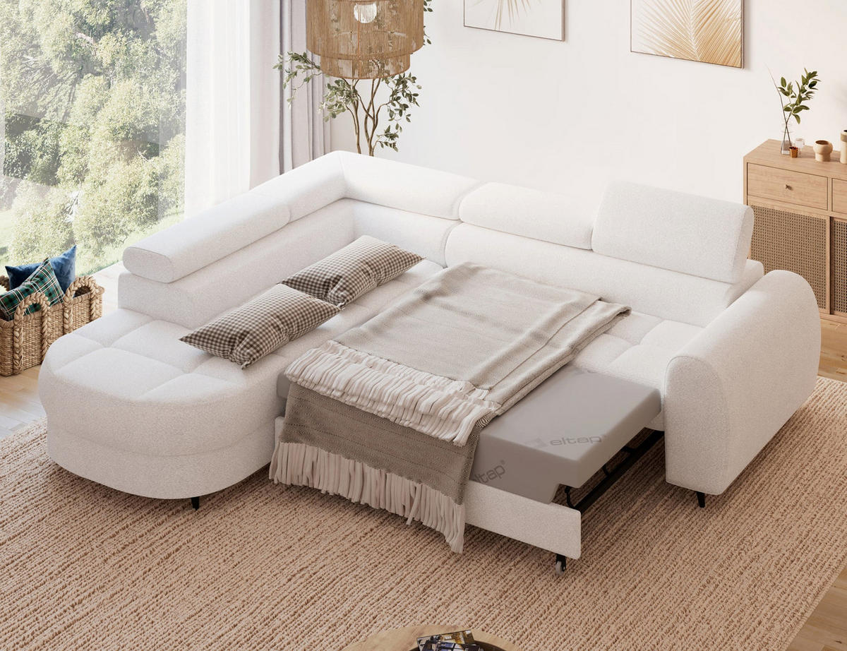 ECKSOFA Vesteria mit Schlaffunktion und Bettkasten – Modernes Design, verstellbare Kopfstützen und hoher Sitzkomfort - Weiß, Kunststoff (279/72cm) - Wohnideebilder
