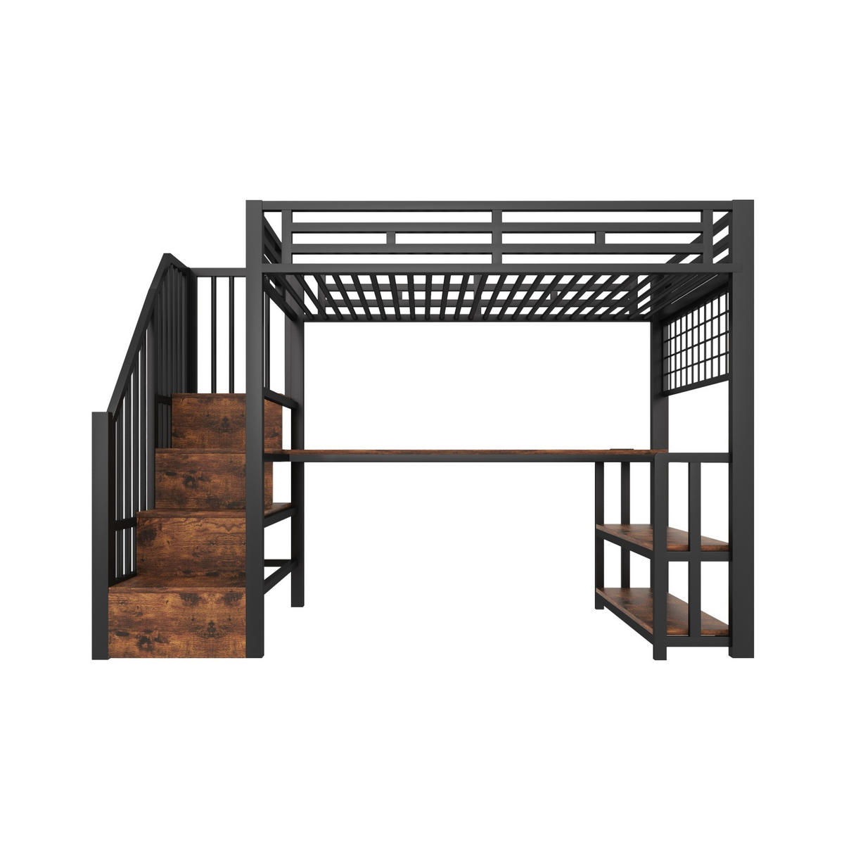 HOCHBETT 90/200 cm mit Schreibtisch, LED-Lichtleiste, Stauraumtreppe, USB und Typ-C, Metall/MDF, Schwarz - Schwarz, Metall (90/200cm) - Redom