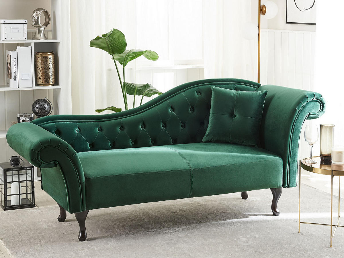 ČALOUNĚNÉ LEHÁTKO CHAISE LONGUE Sametová látka tmavě zelené pravostranné Lattes - zelená barva, textil (188/87/59cm) - Beliani