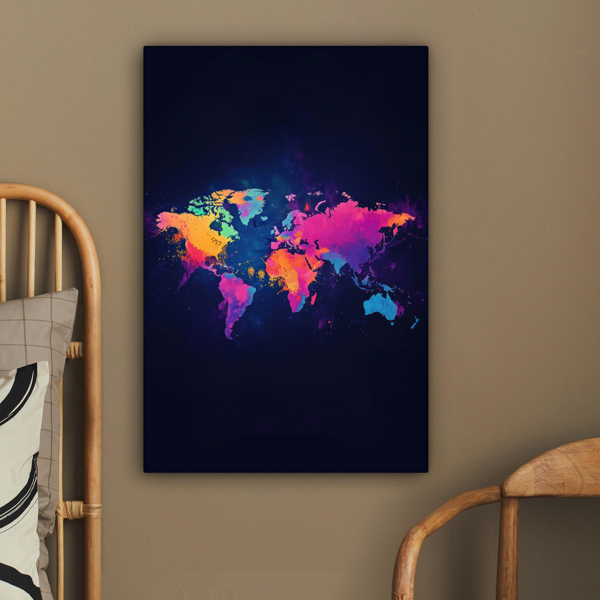 LEINWANDBILD Weltkarte - Bunt - Graffiti 60x90 cm - Multicolor, Textil (60/90cm) - MuchoWow