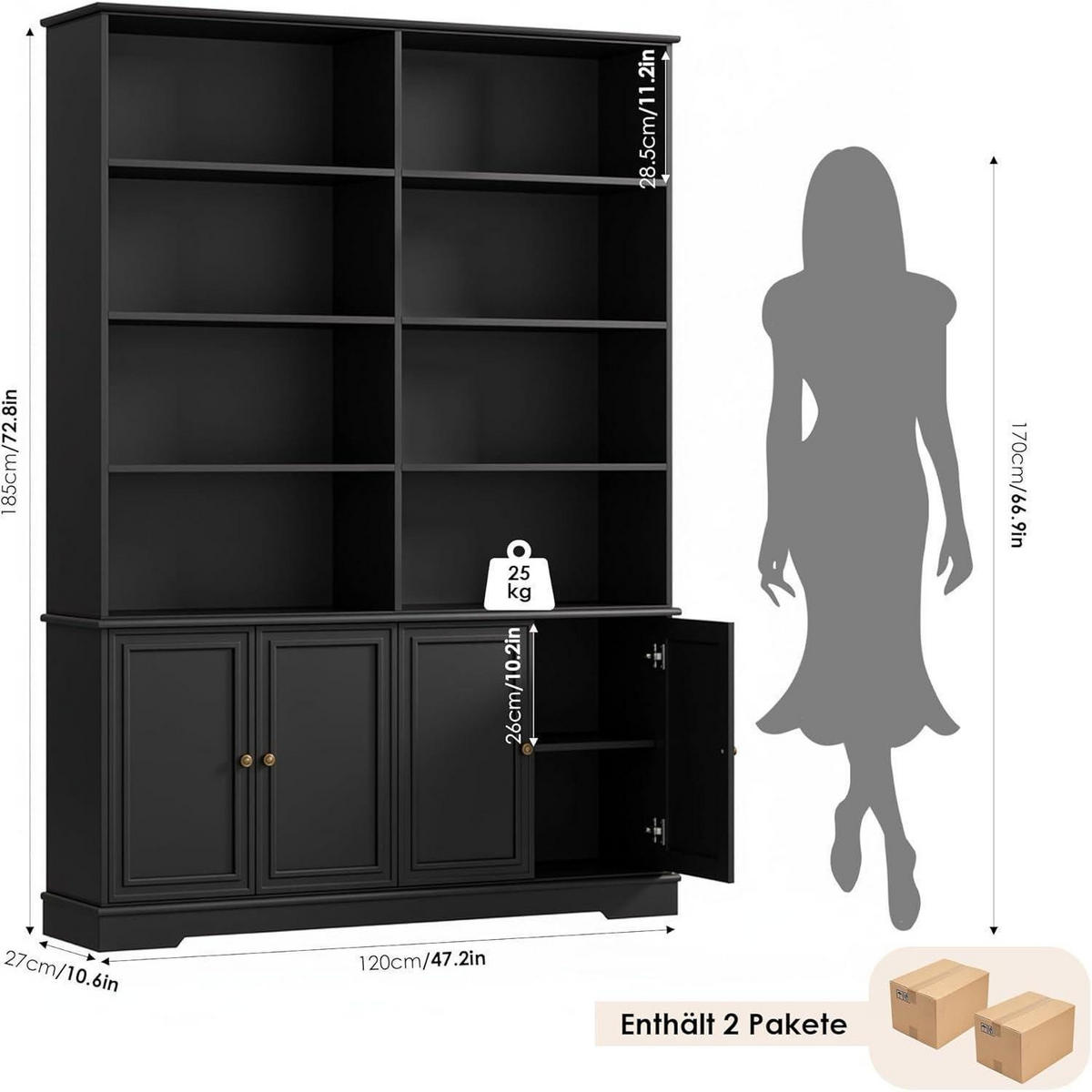 BÜCHERREGAL mit Türen Schwarz 185 x 27 x 120 cm - Schwarz, Holzwerkstoff (120/185/27cm)
