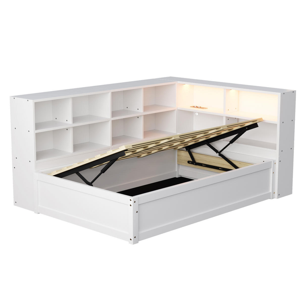 BETT 90/200 cm aus Holz mit Stauraum, LED-Beleuchtung und Steckdose, Weiß - Weiß, Holz (90/200cm) - Flora Grace