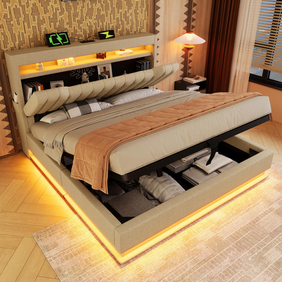 POLSTERBETT mit LED und Stauraum 180x200 cm Leinen Beige - Beige, Metall (180/200cm) - Meubliv