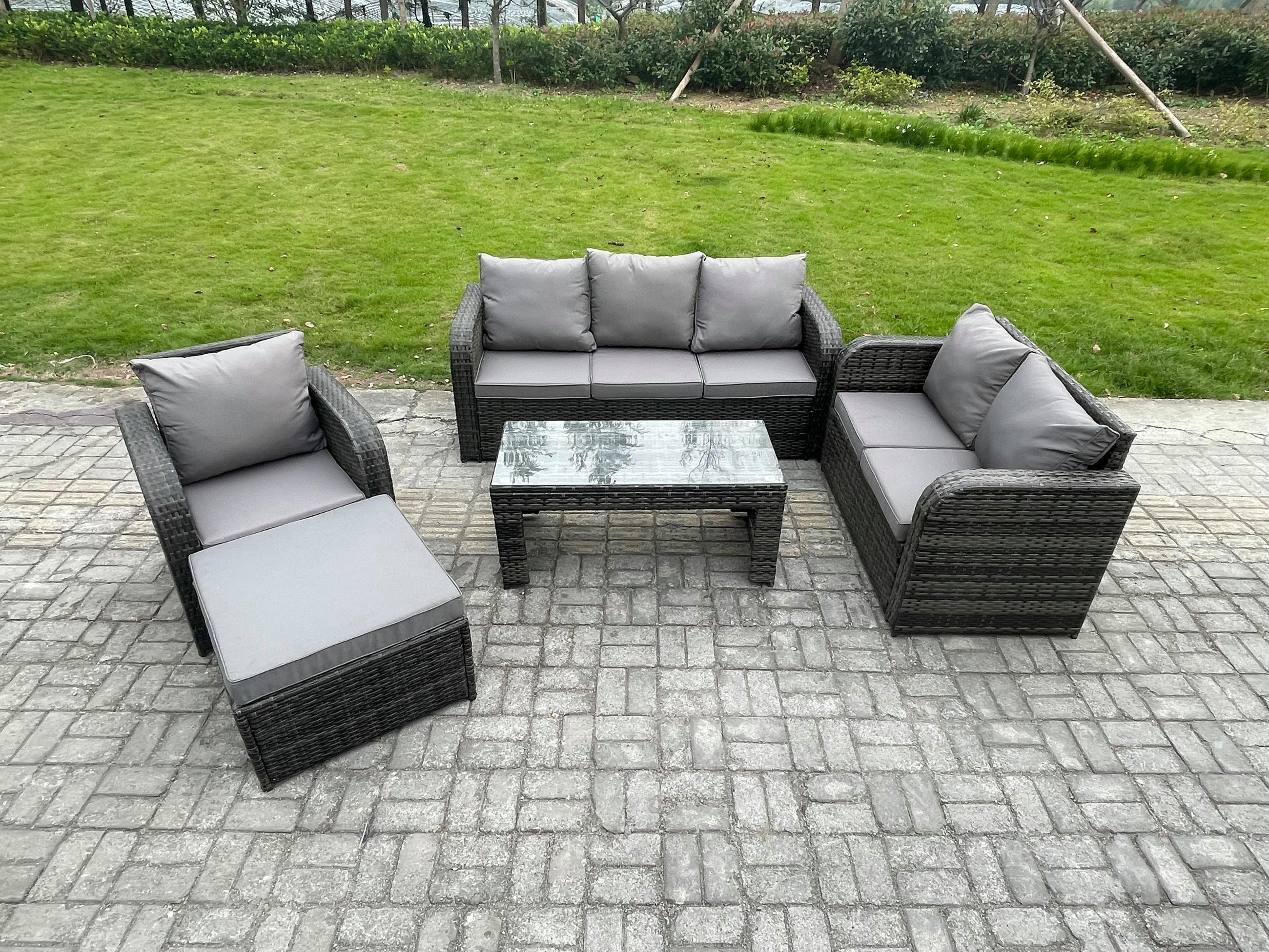 GARTENSOFA SET mit rechteckigem COUCHTISCH Polyrattan 7-Sitzer Dunkelgrau - Dunkelgrau/Grau, Glas/Kunststoff - Fimous