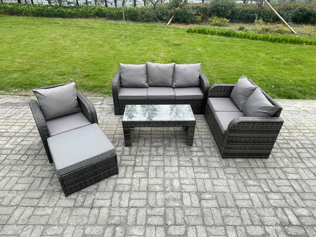 GARTENSOFA SET mit rechteckigem COUCHTISCH Polyrattan 7-Sitzer Dunkelgrau - Dunkelgrau/Grau, Glas/Kunststoff - Fimous