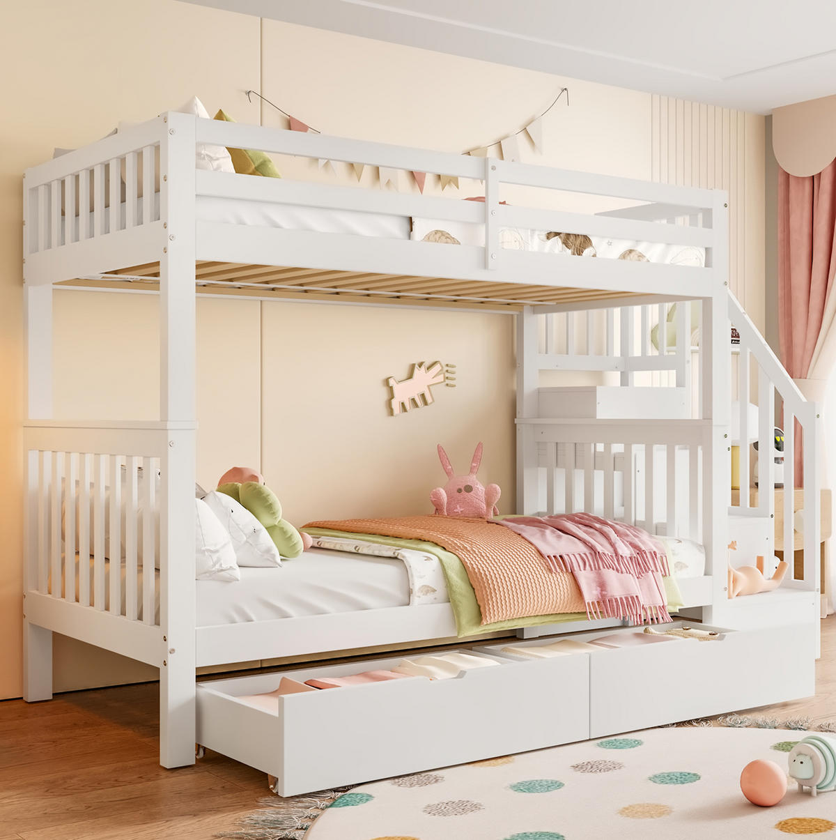 ETAGENBETT 90/200 cm weiß mit Treppenregal und zwei Schubladen - Weiß, Holz (90/200cm) - OKWISH