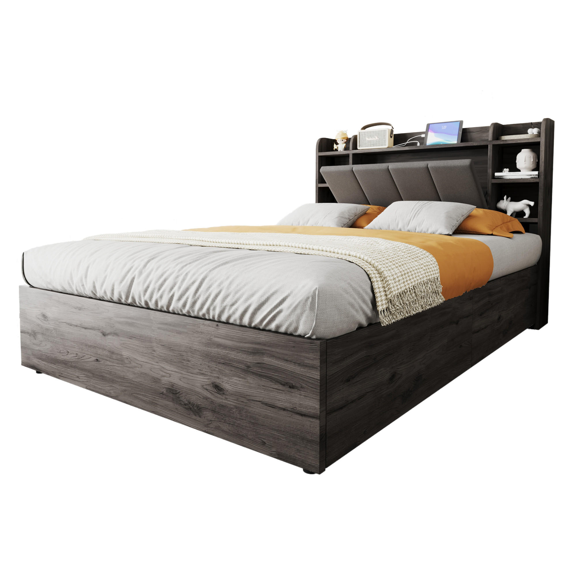 BETT 140/200 cm mit hydraulischem Bettkasten, Kopfteil mit Stauraum und USB-/Type-C-Anschluss, Grau - Grau, Holzwerkstoff (140/200cm) - Redom