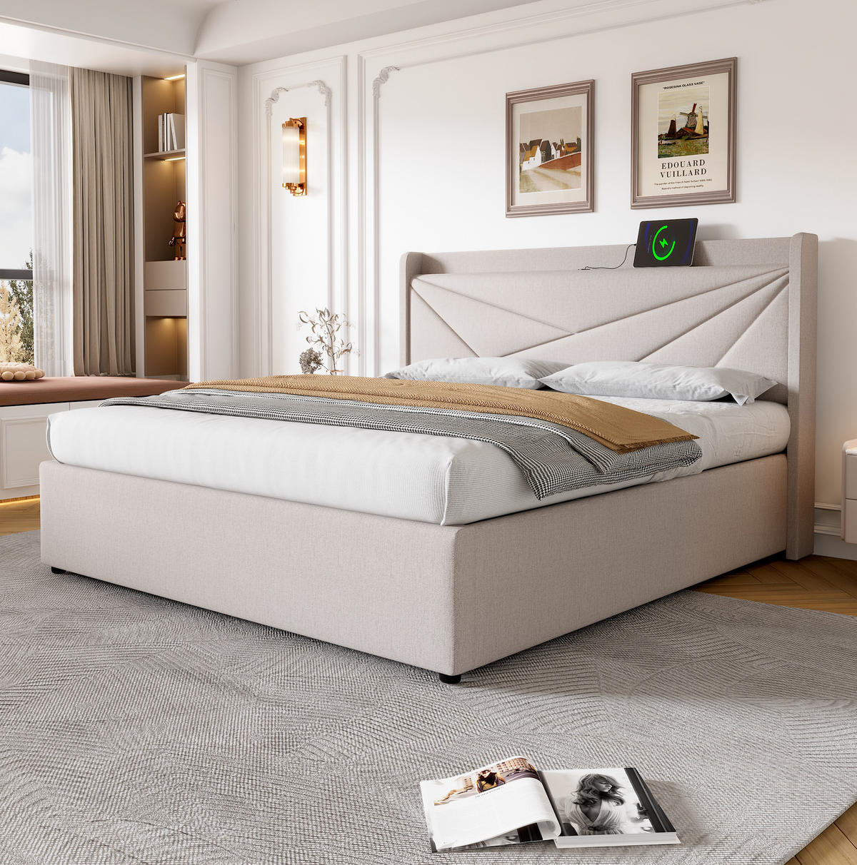 ČALOUNĚNÁ postel 160/200 cm béžová z bavlněného lnu s USB a Typ-C nabíjením a úložným prostorem - béžová, textil (160/200cm) - OKWISH
