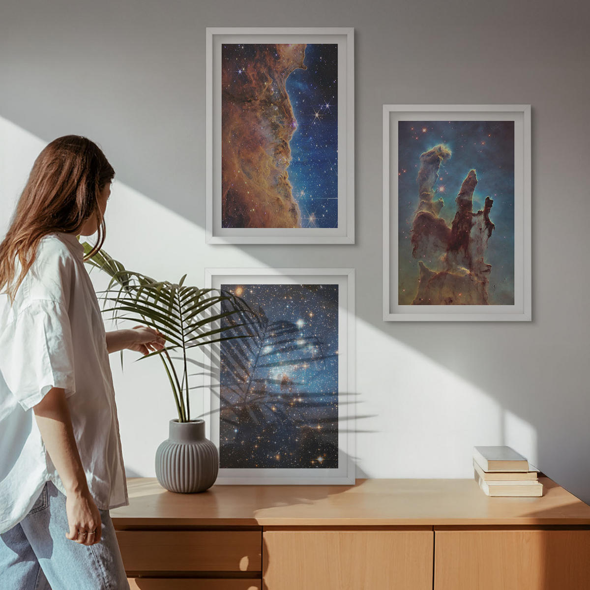 BILDER SET 3er Set - 40x60 cm Weißer Rahmen - Weltraumlandschaften von Galaxien - Weiß, Kunststoff (40/60cm) - TULUP