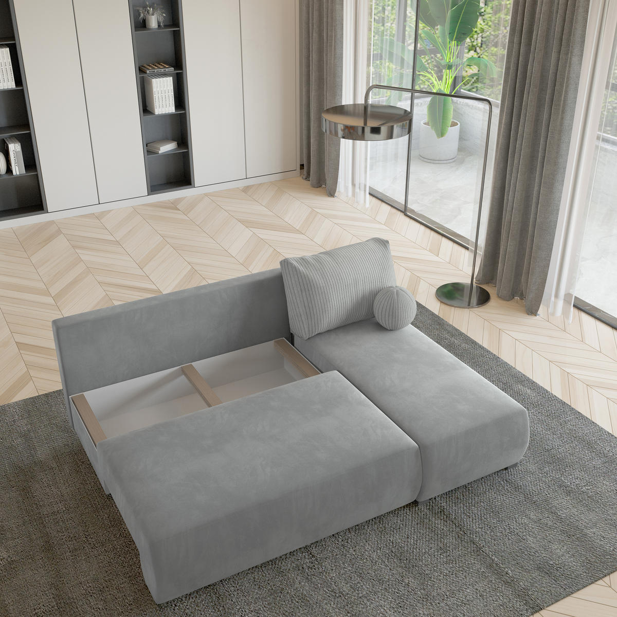 ECKSOFA PARVELO Blau Plüsch-Stoff mit Schlaffunktion - Blau, Holz (200/143cm) - MASSENO